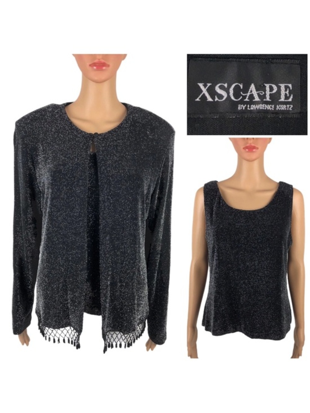 Xscape Metallic Black Scoop Tank & Open-Front Cardigan Set Medium
